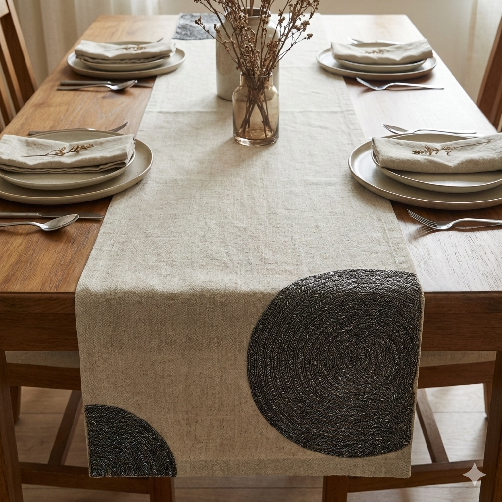 The Midnight Helix: Artisan Hand-Beaded Linen Table Runner (Charcoal & Natural)