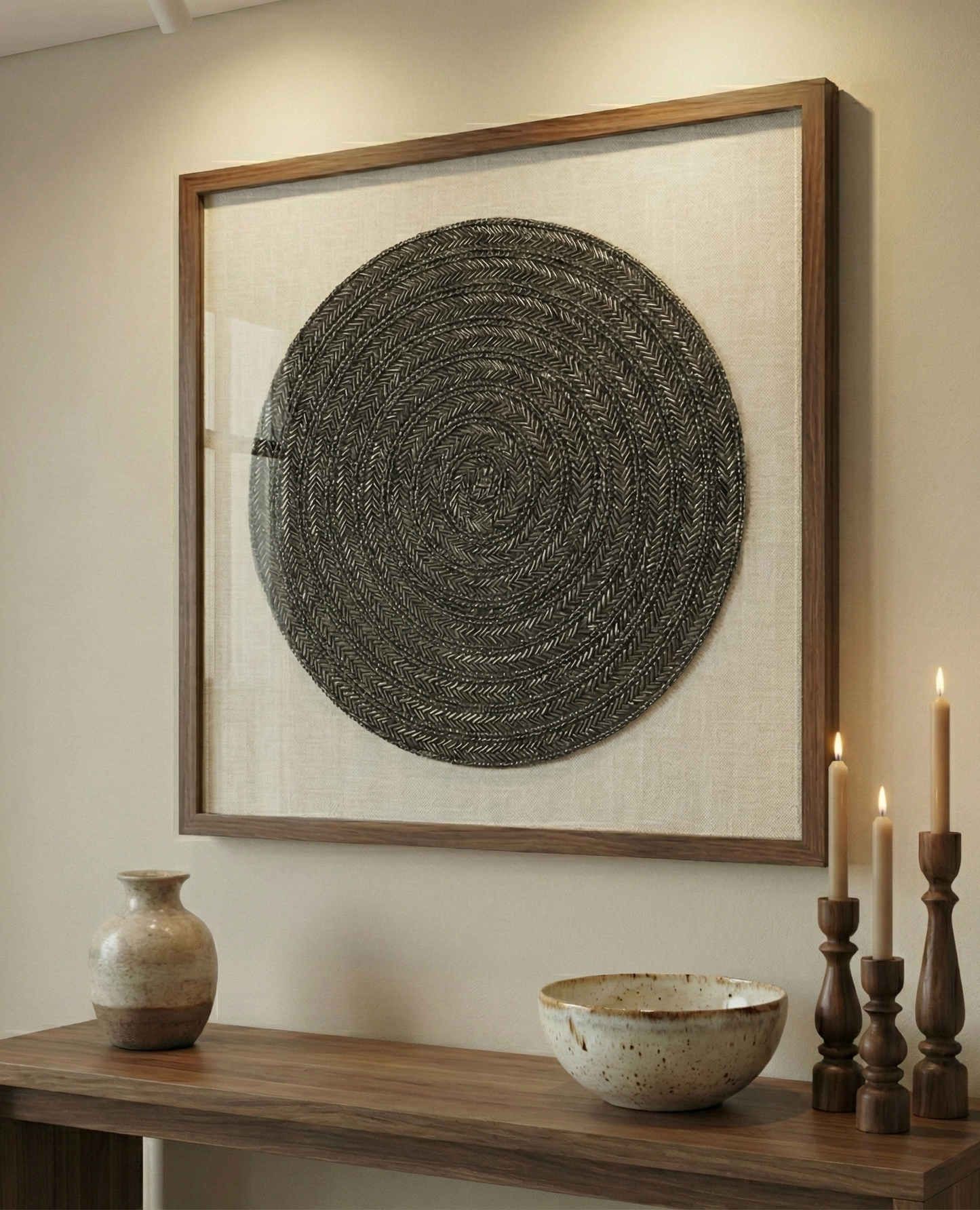 Hand-Beaded Charcoal Spiral Framed Wall Art | Modern Textured Textile Art on Linen