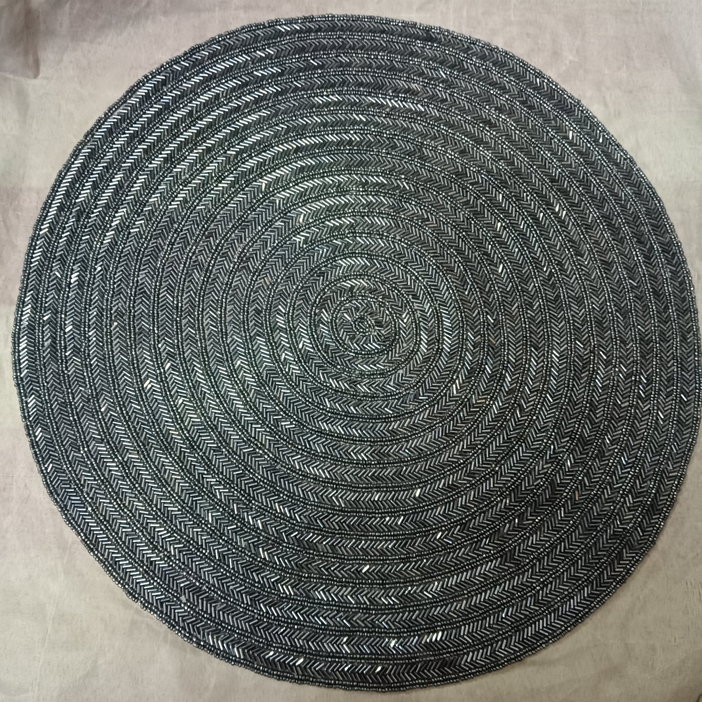 Hand-Beaded Charcoal Spiral Framed Wall Art | Modern Textured Textile Art on Linen