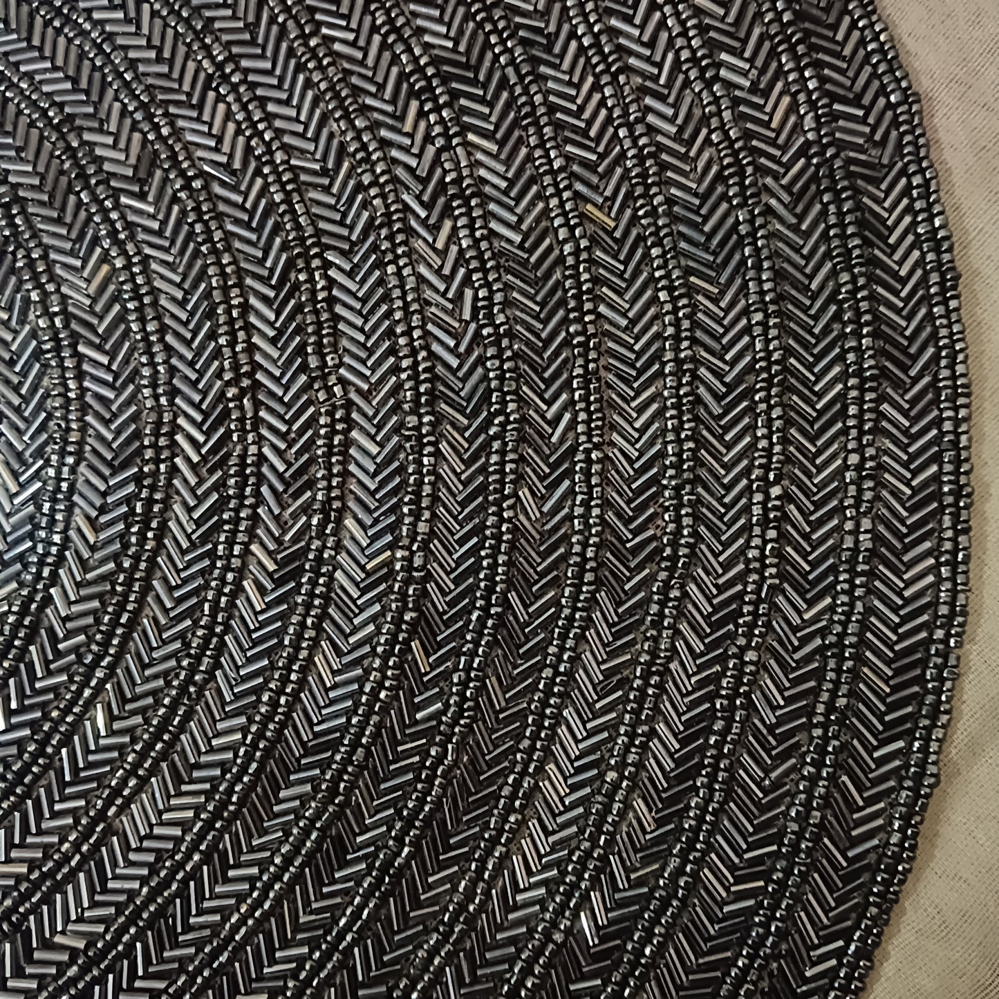 Hand-Beaded Charcoal Spiral Framed Wall Art | Modern Textured Textile Art on Linen